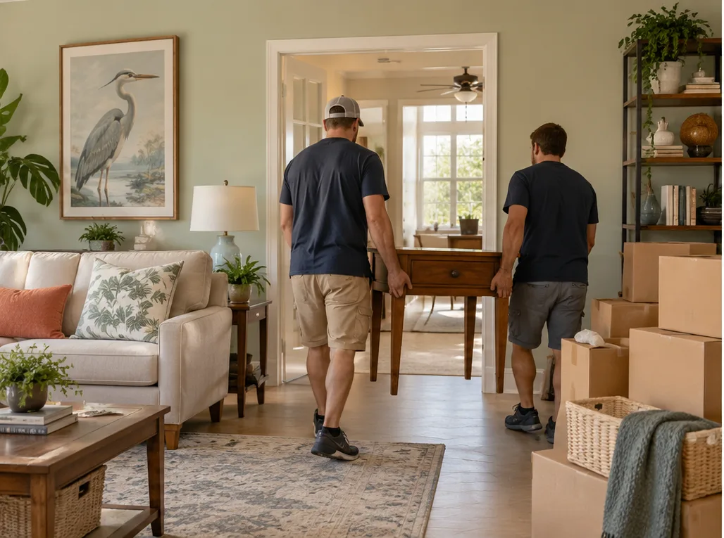 Workers carrying a side table during an organized home cleanout